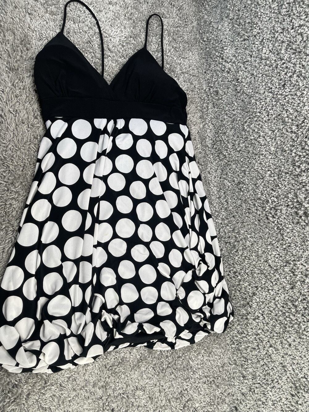 Women Bubble Dress L Polka Dot Sleeveless Spaghetti Strap Black White Preowned